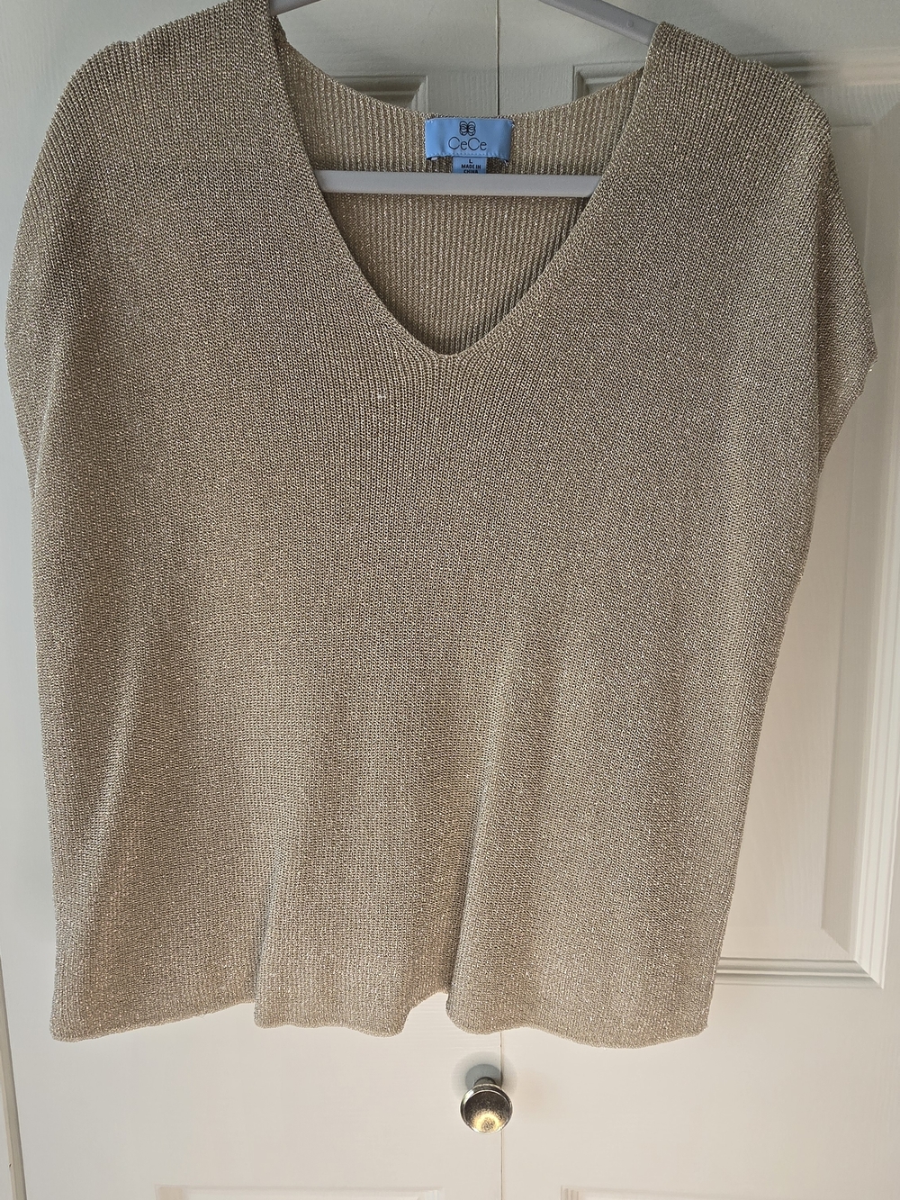 CeCe Metallic Knit V-Neck Top in Champagne